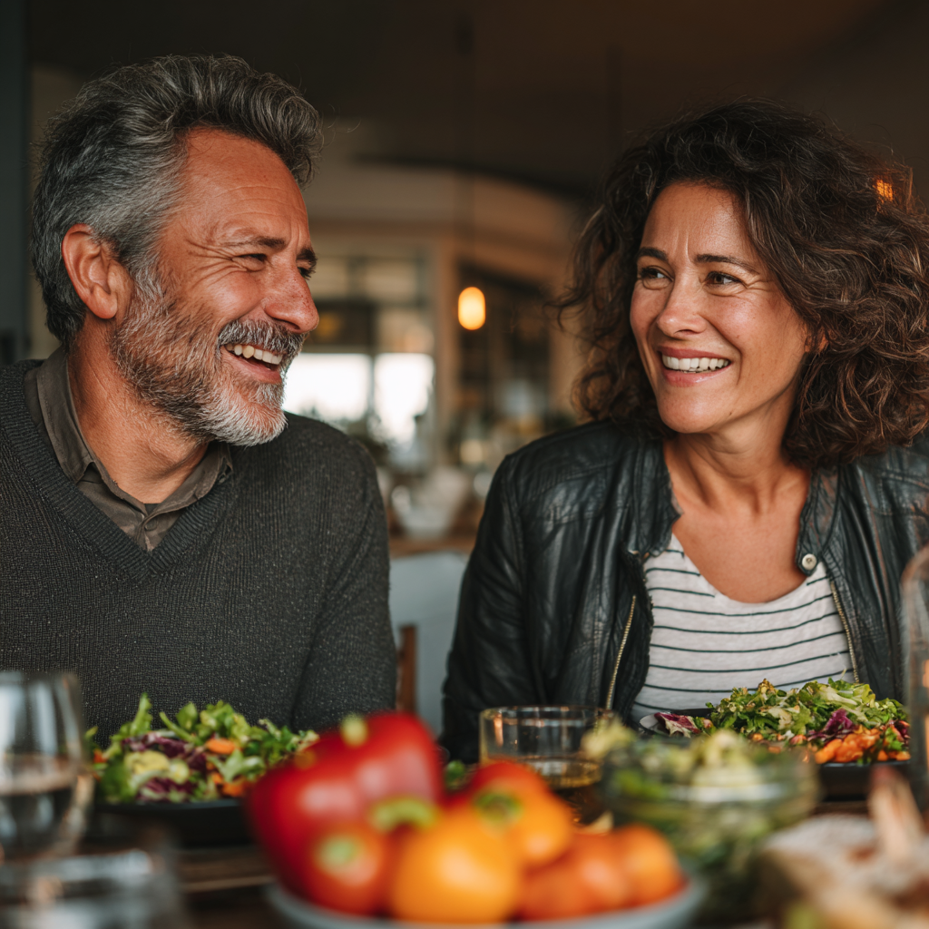 Happy middle-aged couple in their 40s sharing a healthy meal together at their dining table, smiling and enjoying nutritious food in a bright home setting