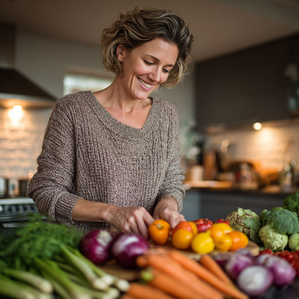Healthy middle-aged woman in her 40s preparing fresh vegetables and fruits in a modern kitchen, smiling while organizing nutritious ingredients for meal planning