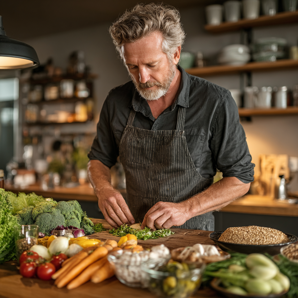 Mature man in his 50s preparing a balanced healthy meal with fresh vegetables, grains and proteins in his kitchen, focused on nutritious cooking